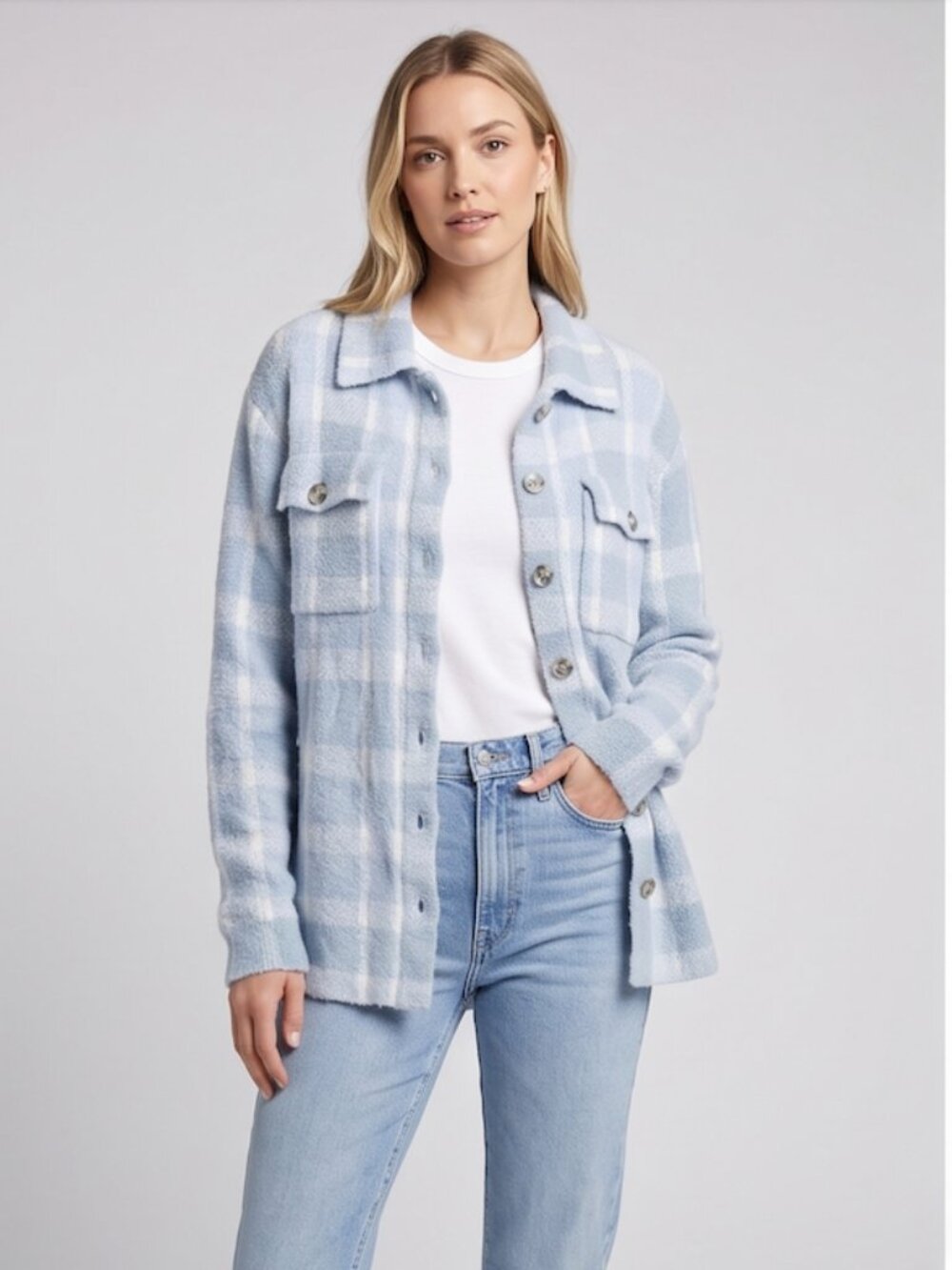 William Rast Light Blue & White Plaid Textured Button-Front Sweater L